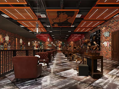 Vintage Style Lounge Interior With Red Brick Walls Brown Leather Sofas And Pendant Lights 3d model