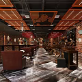 Vintage Style Lounge Interior With Red Brick Walls Brown Leather Sofas And Pendant Lights