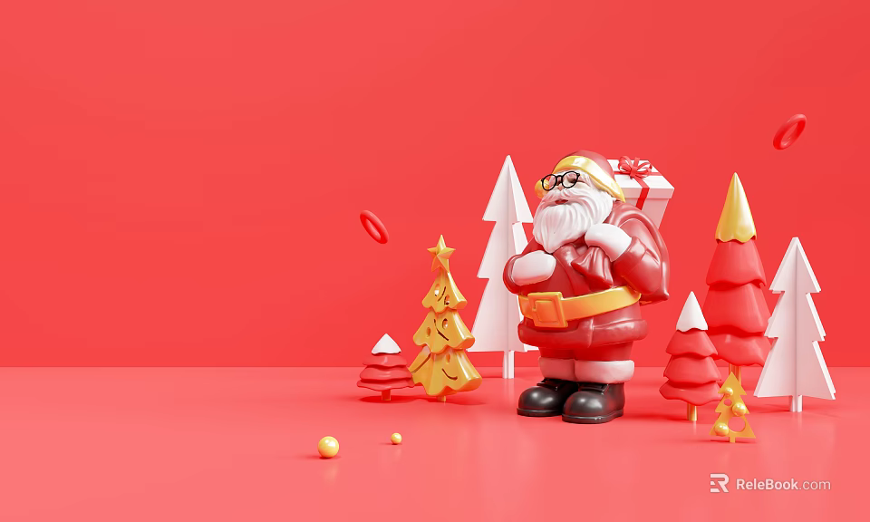 Festive Christmas Decorative Ornament Set With Santa Claus Red Gold Trees And Gift Box 3d model 