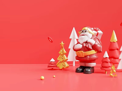 Festive Christmas Decorative Ornament Set With Santa Claus Red Gold Trees And Gift Box 3d model