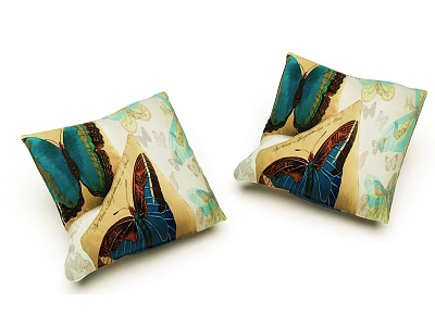Decorative Butterfly Pattern Throw Pillows with Blue Wings and Floral Accents 3d model