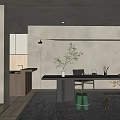 Minimalist Tea Room Interior Design With Long Wooden Table Green Plants And Ceramic Tea Sets