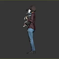 Woman Holding Small Dog in Maroon Top Blue Jeans and Brown Shoes Against Gray Background