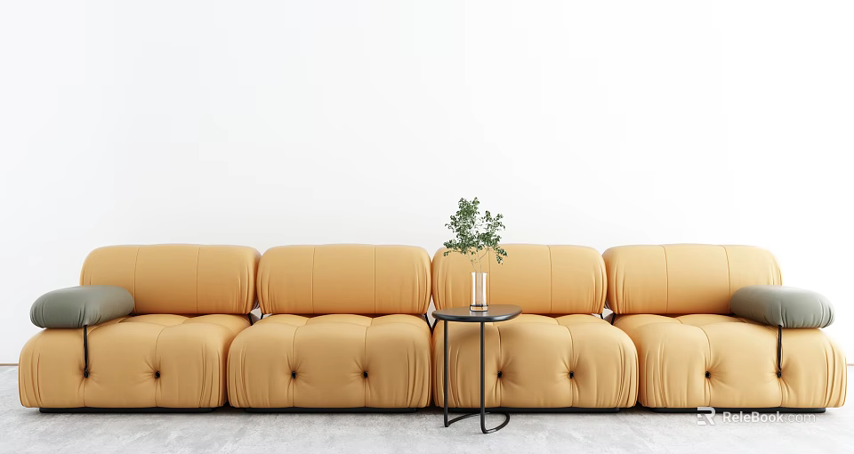 Yellow Button Tufted Sectional Sofa With Side Table Green Plant White Wall And Gray Floor 3d model