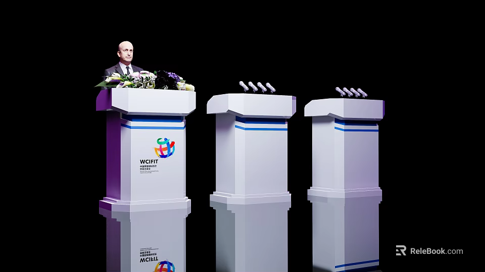 Speaker Addressing At WCIT Event With Three White Podiums And Reflections 3d model 