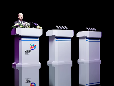 Speaker Addressing At WCIT Event With Three White Podiums And Reflections 3d model
