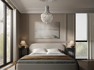 Modern Bedroom Interior With Large Bed Crystal Chandelier Decorative Painting And Bedside Lamps 3d model