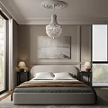 Modern Bedroom Interior With Large Bed Crystal Chandelier Decorative Painting And Bedside Lamps