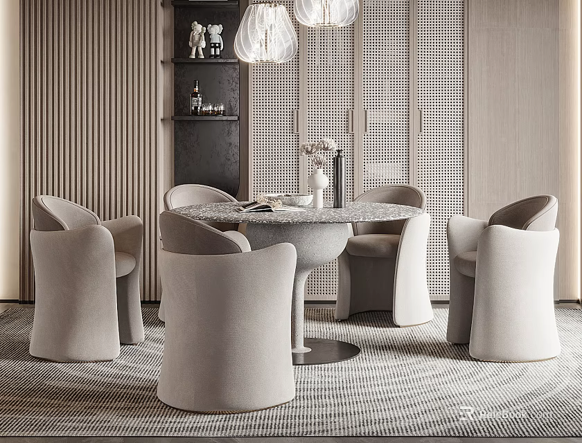 Elegant Restaurant Dining Area With Round Table Light Colored Chairs And Pendant Lights 3d model 