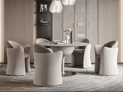 Elegant Restaurant Dining Area With Round Table Light Colored Chairs And Pendant Lights 3d model
