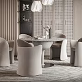 Elegant Restaurant Dining Area With Round Table Light Colored Chairs And Pendant Lights 3d model