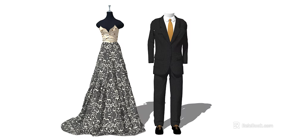 Fashion Model Wearing Long Floral Pattern Dress And Black Suit With Yellow Tie 3d model 