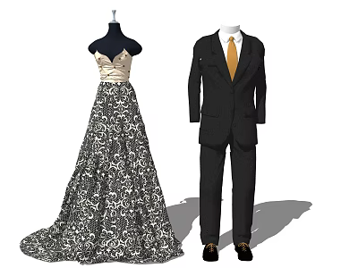 Fashion Model Wearing Long Floral Pattern Dress And Black Suit With Yellow Tie 3d model