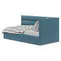 Blue Upholstered Kids Bed With Soft Headboard And Striped Bedding Plus Polka Dot Pillows