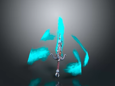 Glowing Blue Sword With Decorative Hilt And Blue Energy Fragments On Dark Background 3d model