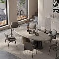 Modern Dining Room Interior With Round Marble Top Table And Six Grey Chairs Set 3d model