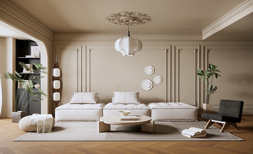 French Living Room Cream Living Room Fabric Multi-person Sofa Single Leisure Chair Hanging Picture Combination Chandelier Floor Lamp Plant 3d model