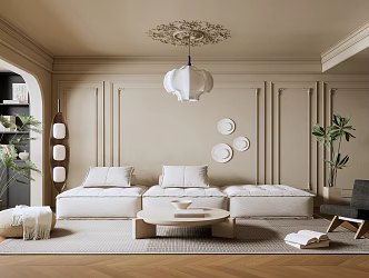 French Living Room Cream Living Room Fabric Multi-person Sofa Single Leisure Chair Hanging Picture Combination Chandelier Floor Lamp Plant 3d model
