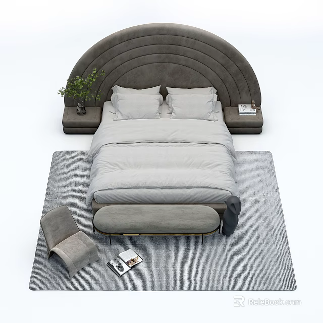 Modern Double Bed With Curved Gray Headboard Bedside Tables Green Plant And Bench 3d model 