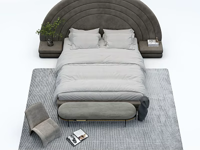 Modern Double Bed With Curved Gray Headboard Bedside Tables Green Plant And Bench 3d model