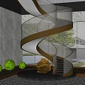 Elegant Modern Spiral Staircase With Gold Railing Green Topiaries And Courtyard View