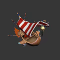 Traditional Wooden Boat With Red And White Striped Canopy Decorative Tassels And Orange Sail