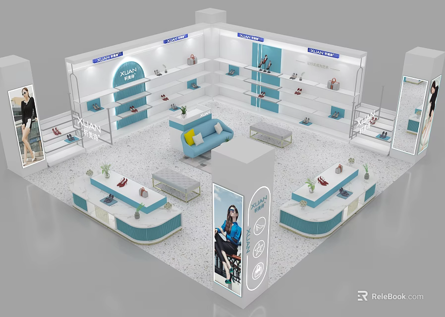 Elegant Modern Exhibition Booth Design Featuring Shoes Display Counters Seating And Posters 3d model