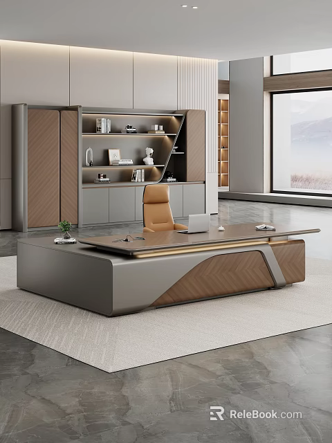Modern Office Interior With Executive Desk Brown Chair Bookshelf And Mountain View 3d model 