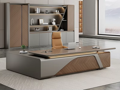 Modern Office Interior With Executive Desk Brown Chair Bookshelf And Mountain View 3d model