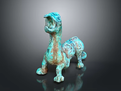 Ancient Bronze Mythical Beast Sculpture With Turquoise Patina Open Mouth And Curled Tail 3d model