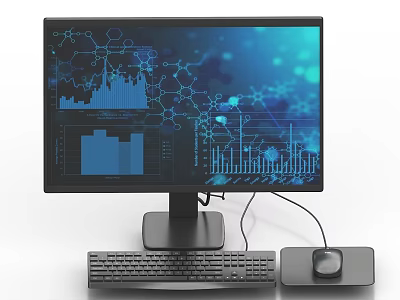 Desktop Computer Monitor Displaying Data Charts Molecular Structures Keyboard And Mouse 3d model