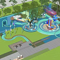 Colorful Children's Play Area With Slides Spinning Structures And Green Trees