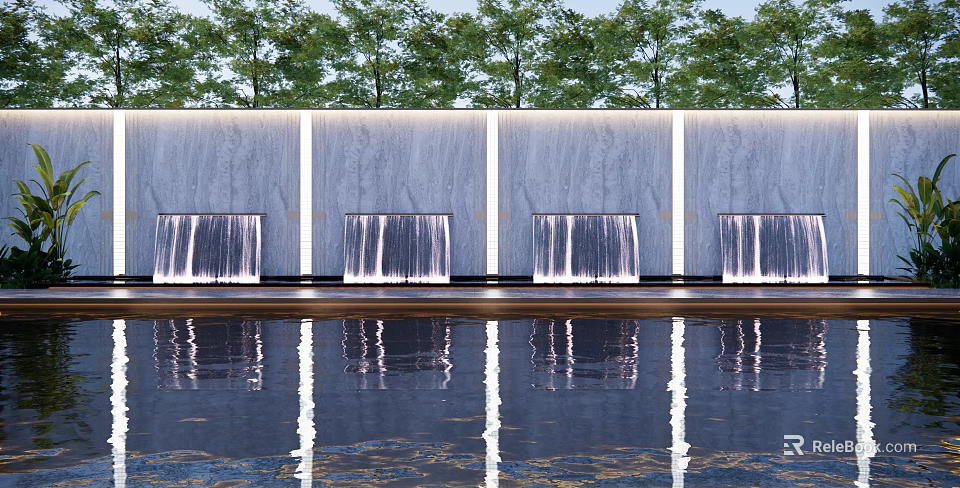 Modern Feature Wall With Waterfall Panels And Reflection In Water With Trees 3d model