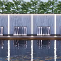 Modern Feature Wall With Waterfall Panels And Reflection In Water With Trees