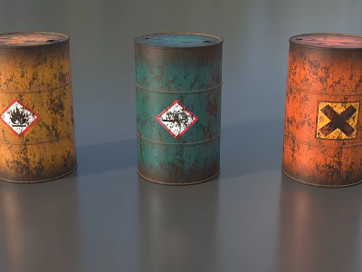 Rusty Industrial Drums Displaying Orange Green Red Colors And Hazard Symbols 3d model Rusty Industrial Drums Displaying Orange Green Red Colors And Hazard Symbols 3d model