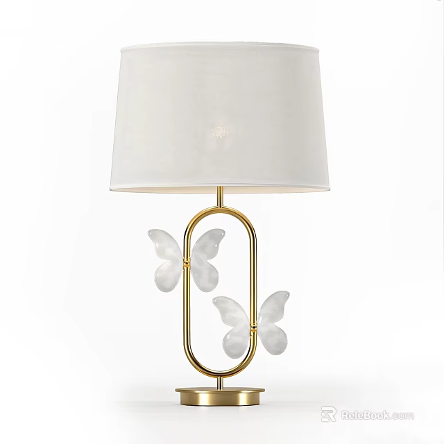Elegant Table Lamp With White Lampshade Golden Frame And Transparent Butterfly Accents 3d model 