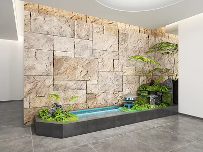 Garden Ornament With Stone Wall Small Water Pool Green Plants Moss And Rockery 3d model