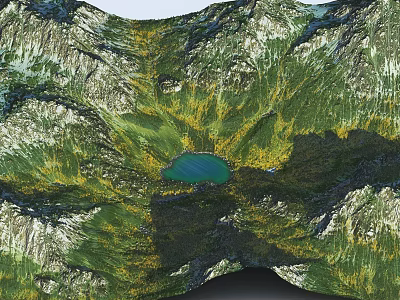 Scenic Mountain Valley Landscape Featuring Blue Lake And Green Yellow Foliage 3d model