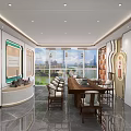 Elegant Store Front Desk With Long Table Chairs Decorative Shelves Large Screen And Window View