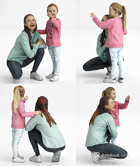 Woman in Green Hoodie Squatting and Hugging Child With Pink Top 3d model 