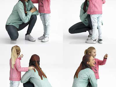 Woman in Green Hoodie Squatting and Hugging Child With Pink Top 3d model