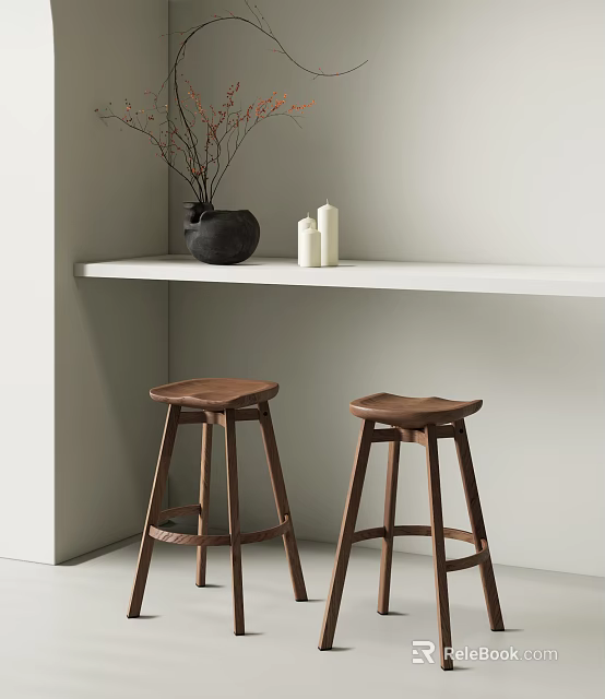 Two Wooden Bar Stools Under White Countertop With Black Vase And White Candles 3d model 
