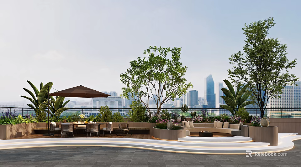 Modern Rooftop Terrace Outdoor Seating Area With Trees And City Skyline 3d model 