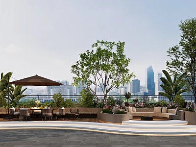 Modern Rooftop Terrace Outdoor Seating Area With Trees And City Skyline 3d model