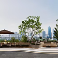 Modern Rooftop Terrace Outdoor Seating Area With Trees And City Skyline