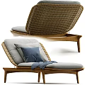Comfortable Lounge Chair With Wooden Frame Rattan Backrest Gray Cushion Blue Pillow And Gray Blanket