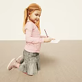 Young Blonde Girl With Pigtails Drawing On Paper Using Red Pencil On Light Colored Carpet