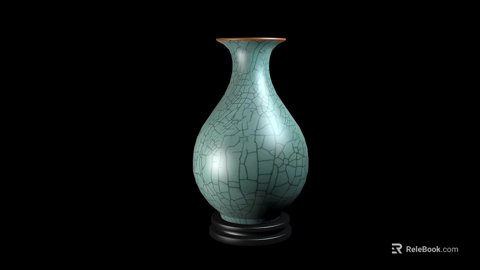 Green Ceramic Vase With Crackle Pattern On Black Base And Black Background 3d model 