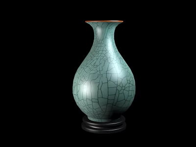 Green Ceramic Vase With Crackle Pattern On Black Base And Black Background 3d model