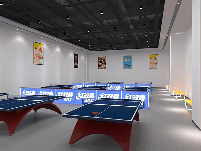 Indoor Sports Fitness Area Featuring Multiple Table Tennis Tables Blue Tops Red Legs Wall Posters 3d model